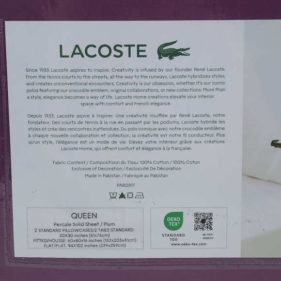 Lacoste Queen Percale Solid Sheet Set Plum 100% Cotton Light Weight Elegant - Picture 6 of 8